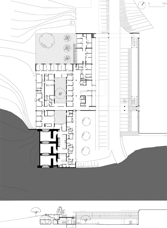 oncologie - hôpital Emile Müller à Mulhouse - 68 - plan rez de chaussée bas et coupe sur la radiothérapie